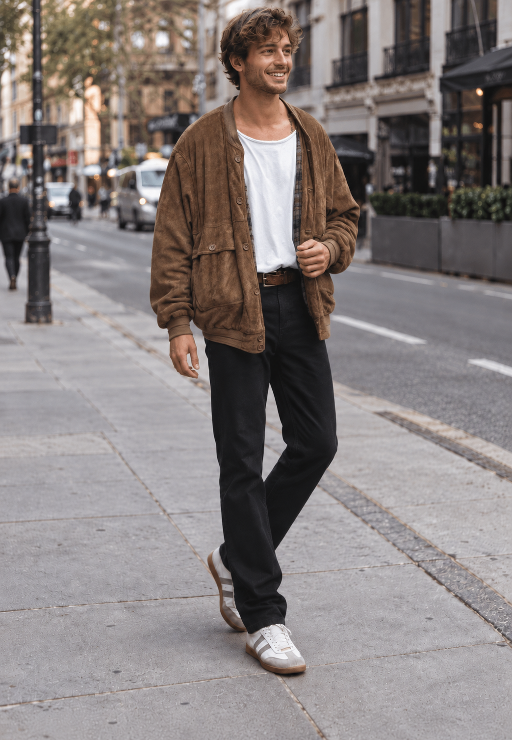 Modieuze herenjas met suède-look, ruime pasvorm in koffiekleur, ideaal voor casual herfstbovenkleding.
