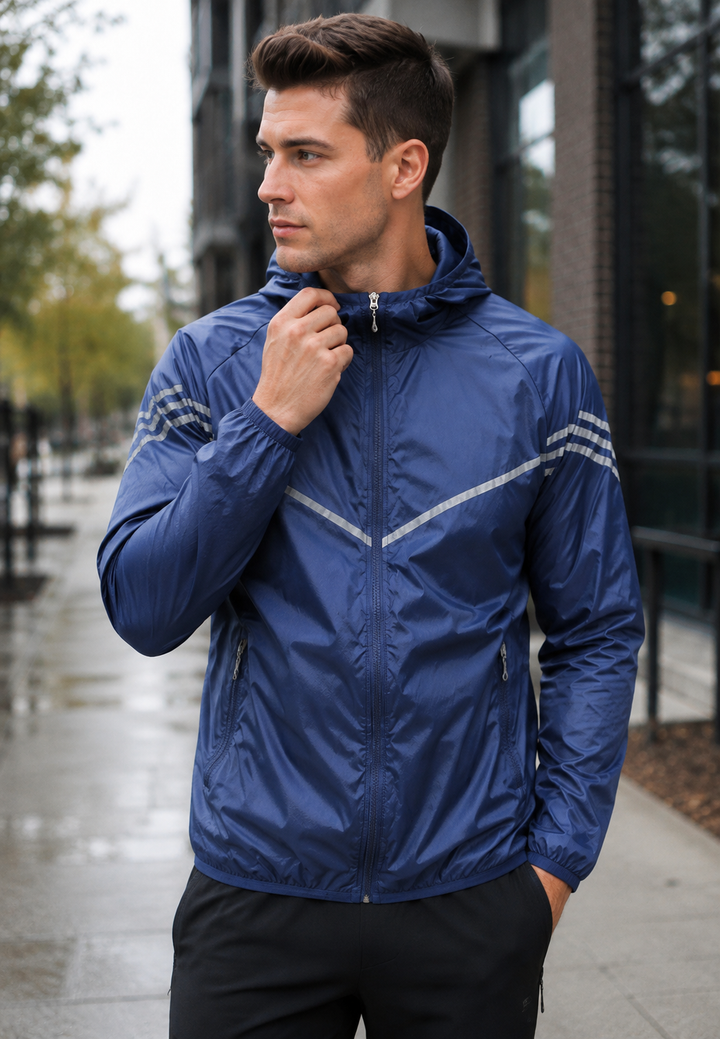 Marineblauw waterdicht herenjack met capuchon, zakken en ritssluiting; ideaal voor lente, herfst en outdoor.