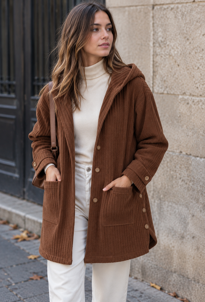 Modieuze dames herfstjas met lange pasvorm, capuchon en knoopsluiting, voor casual comfort en stijl.