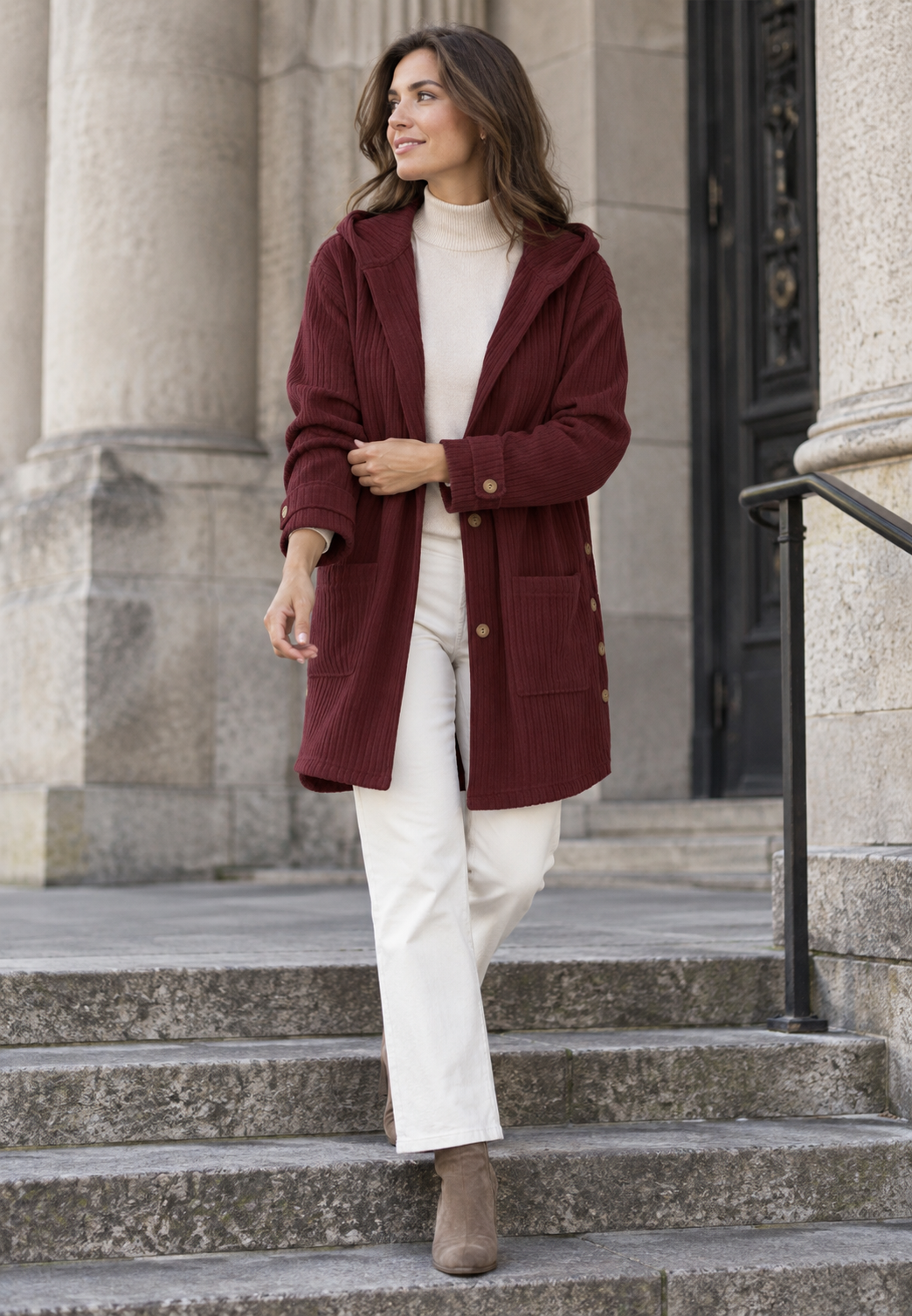 Lange bruine damesjas met capuchon en knopen, perfect als comfortabele herfst tussenjas voor casual mode.