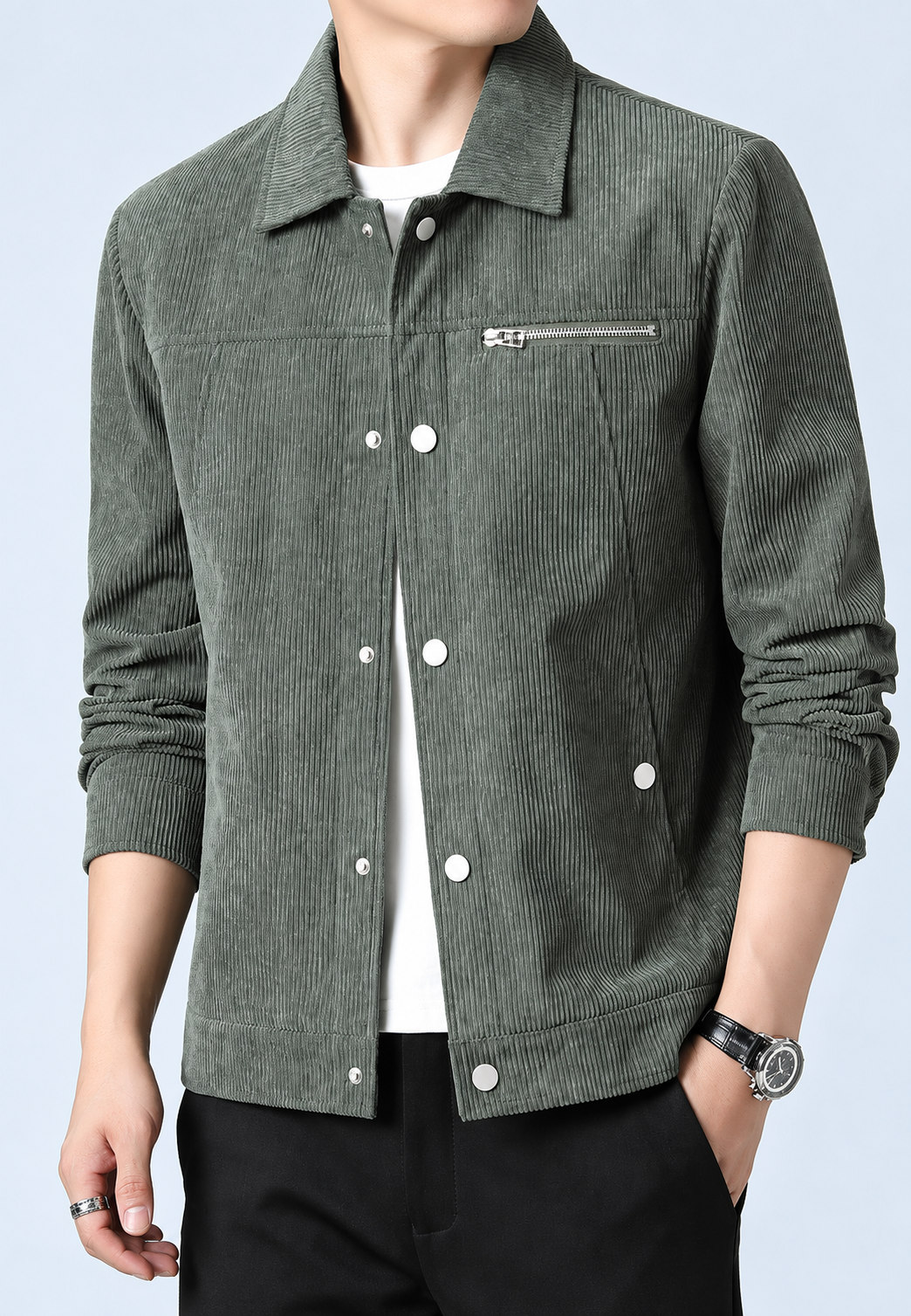 Trendy heren overgangsjas met borstzak en drukknopen, een must-have voor elke stijlvolle casual outfit.