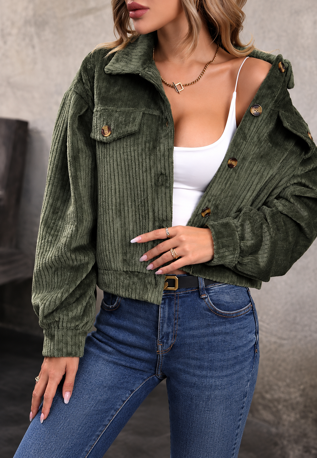Modern dames kort jasje, groen, met overhemdkraag en klepzakken. Creëer een stijlvolle casual chic look.