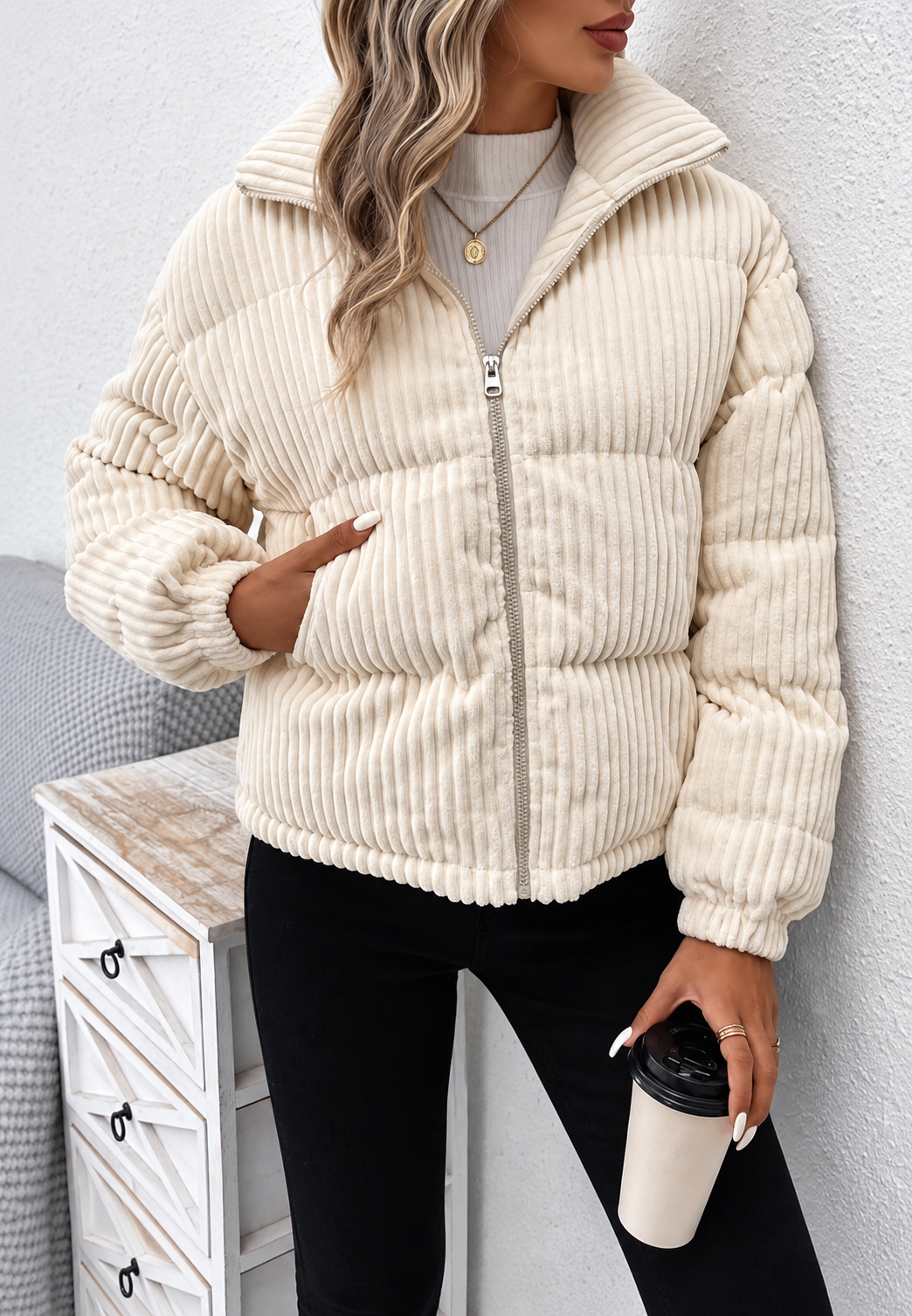 Casual beige herfstjas voor dames met comfortabele losse pasvorm, hoge kraag en handige rits.