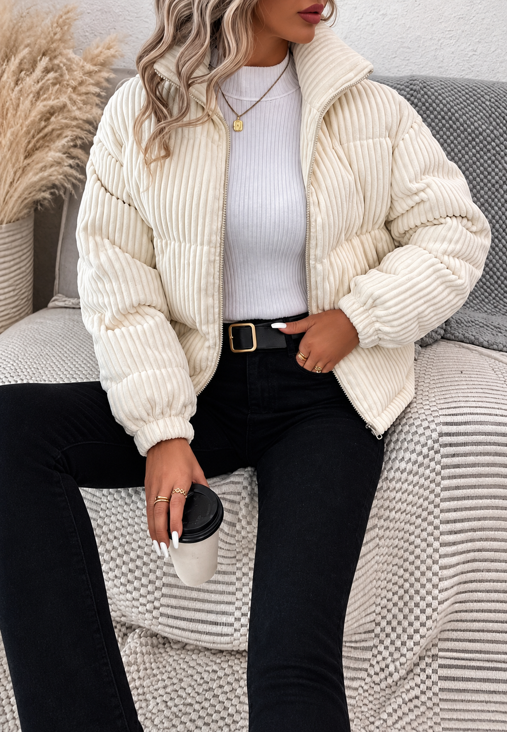 Comfortabele en modieuze dames herfstjas, beige met hoge kraag, rits en losse pasvorm.