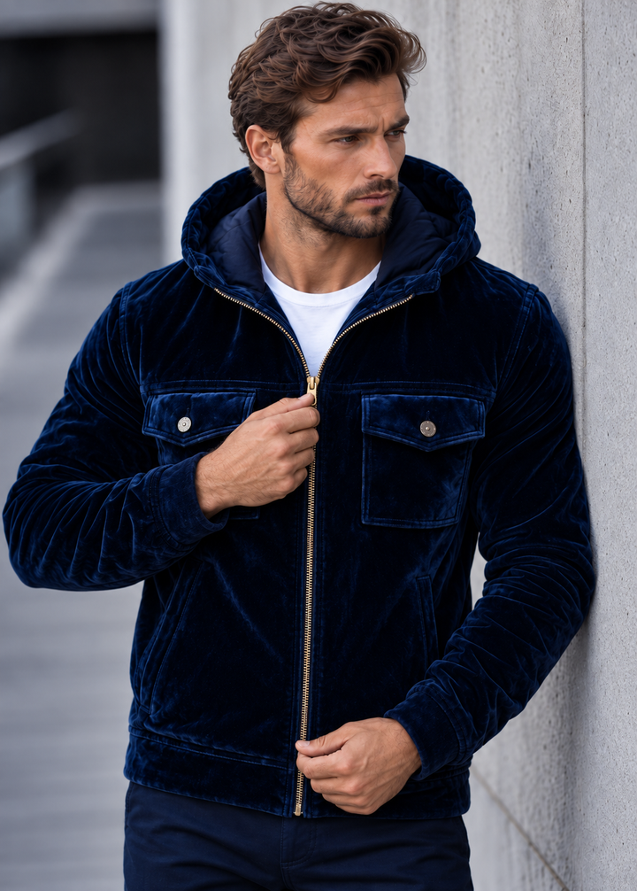 Marineblauwe herenjas met capuchon en volledige rits, ideaal voor een casual, stijlvolle look in herfst en winter.