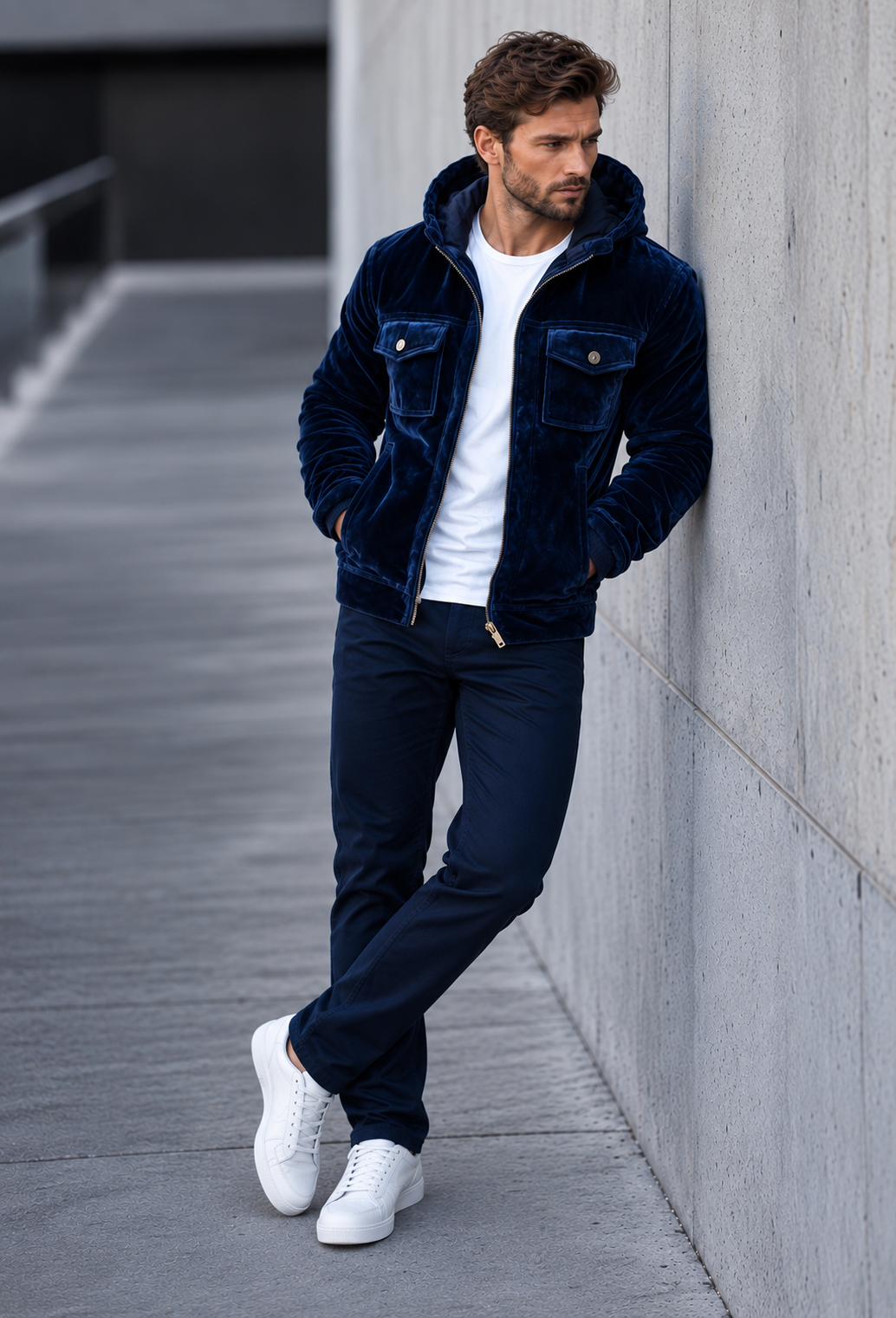 Stijlvolle herenjas in marineblauw met capuchon, veelzijdig en comfortabel voor zowel herfst als winter casual outfits.