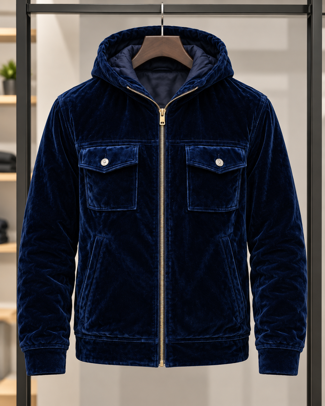 Trendy marineblauwe herenjas met ritssluiting en warme capuchon, essentiële bovenkleding voor winterse omstandigheden.