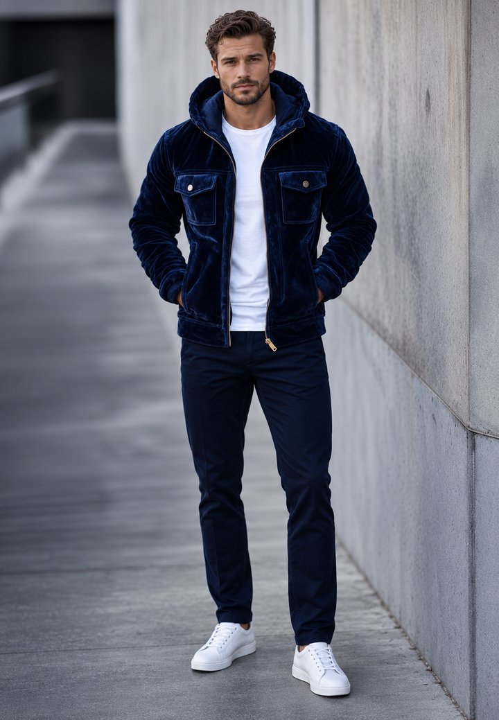 Comfortabele marineblauwe heren ritsjas met capuchon, perfecte bovenkleding voor dagelijks gebruik in koud weer.