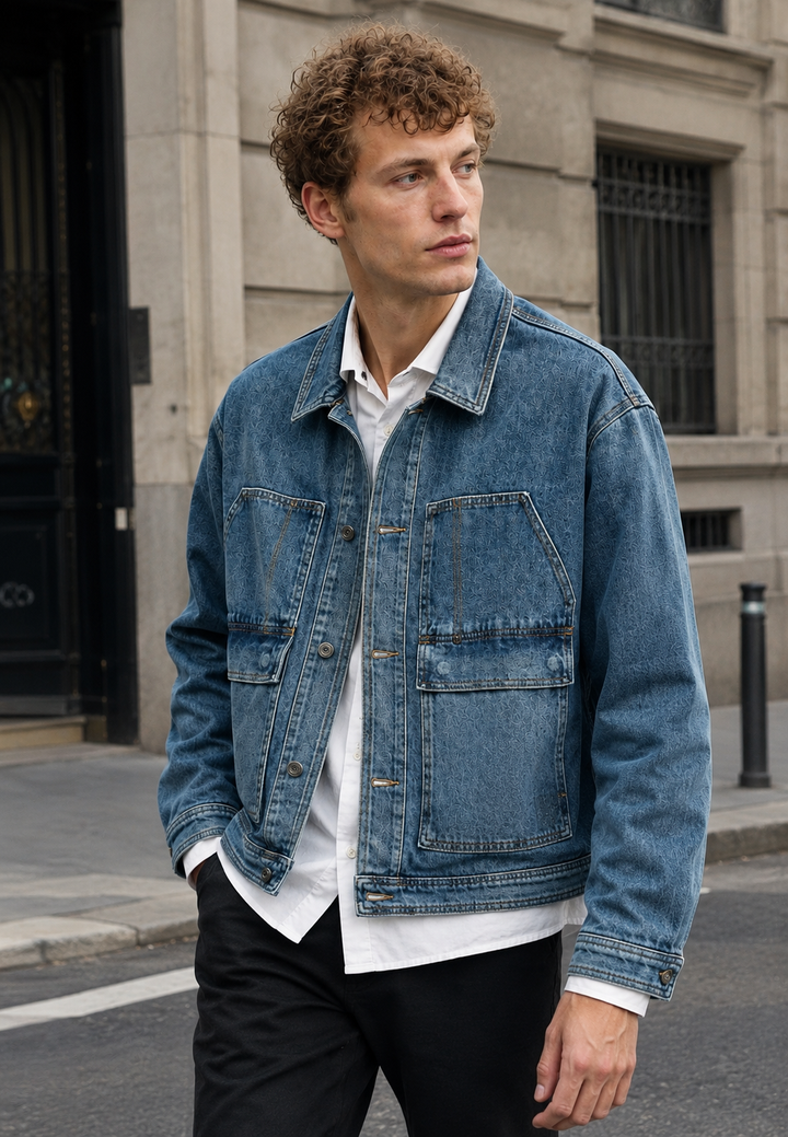 Trendy blauw heren spijkerjack van verwassen denim met unieke textuur en praktische zakken; ideaal voor straatstijl.