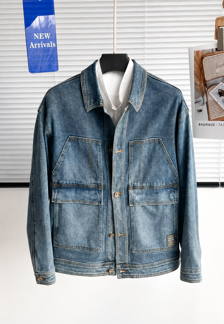 Casual heren spijkerjasje in blauw met verwassen look en ruime zakken, essentieel voor een trendy straatstijl outfit.
