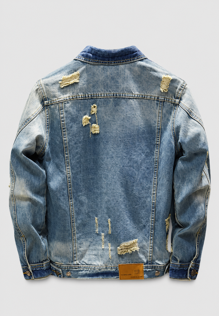 Vintage blauw heren slim fit jasje met authentieke distressed details, voor een stoere en unieke look.