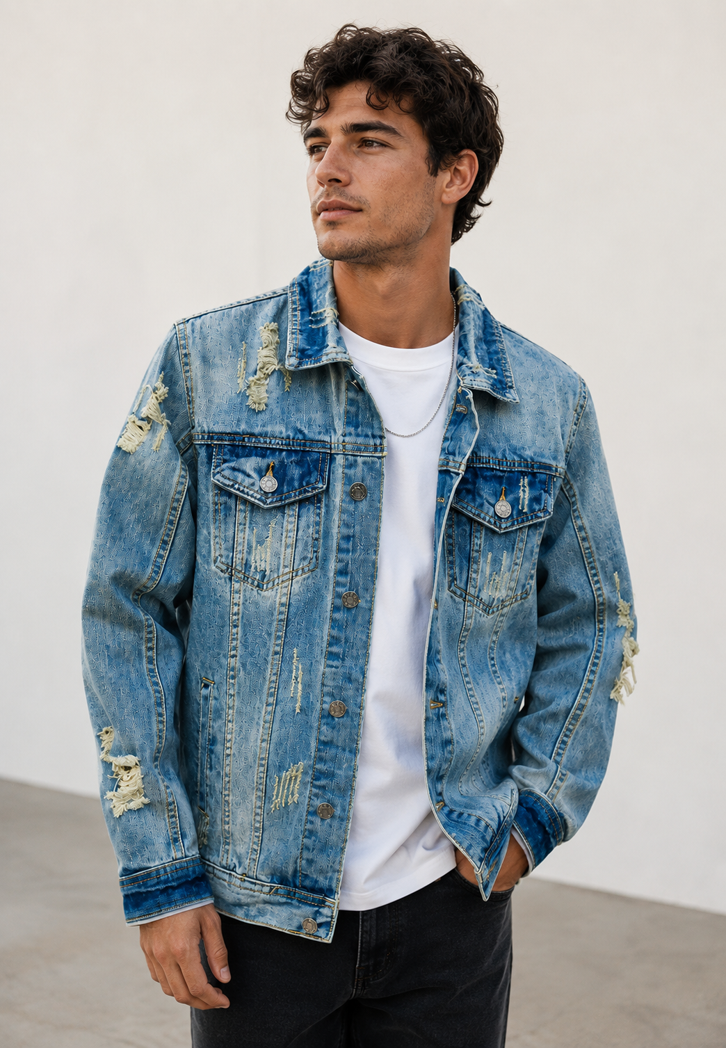 Blauw heren slim fit jasje met vintage look en distressed details, ideaal voor een casual outfit.