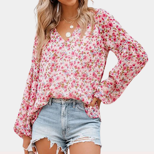 "Chiffon bloemenprint blouse met V-hals en lanternmouwen, luchtig design, elegante uitstraling voor dames."