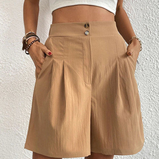 "Chique dames shorts met zilveren dubbele knopen, hoge taille, ideaal voor zomer, veelzijdig en comfortabel voor elke outfit.