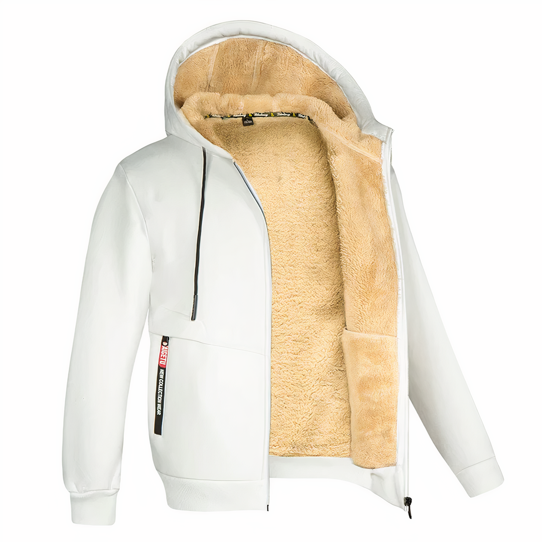 Voorzijde warm heren sweatvest met rits, capuchon en zakken, geschikt voor koude dagen.