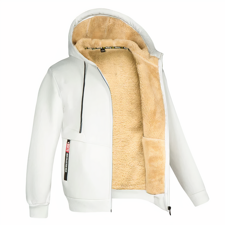 Voorzijde warm heren sweatvest met rits, capuchon en zakken, geschikt voor koude dagen.
