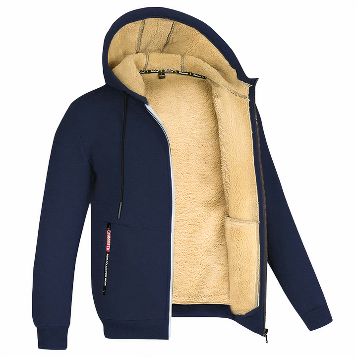 Detail van de stevige ritssluiting en zachte capuchon op een warm heren sweatvest.
