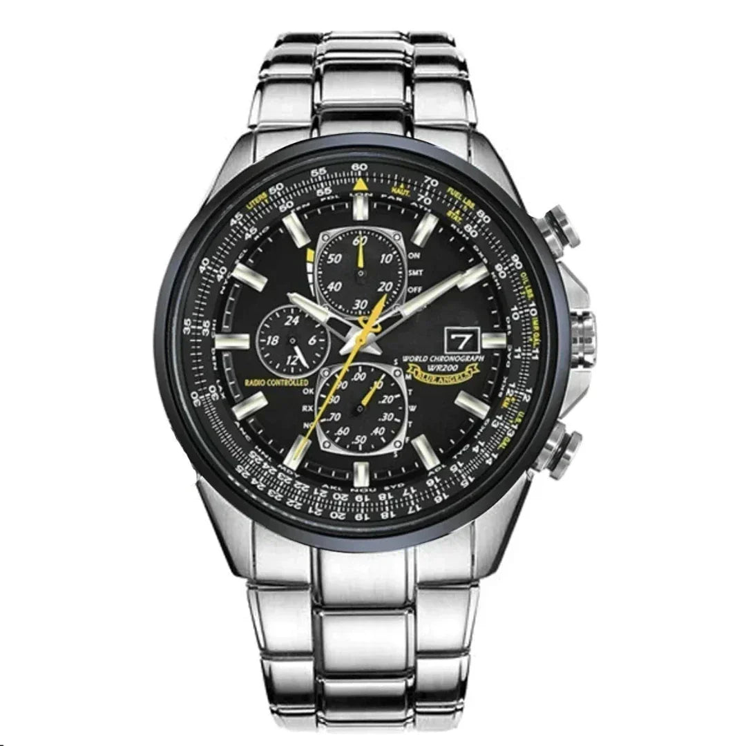 Gedetailleerde wijzerplaat van elegant SANDSBERGORIGINALS heren chronograaf horloge, kwartsuurwerk precisie.