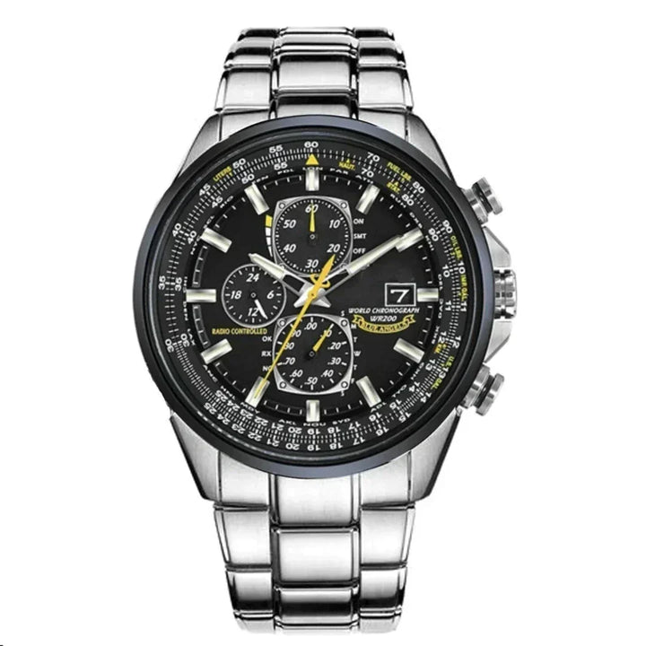 Gedetailleerde wijzerplaat van elegant SANDSBERGORIGINALS heren chronograaf horloge, kwartsuurwerk precisie.