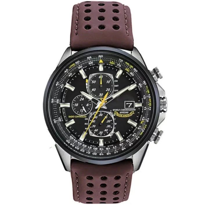 Heren SANDSBERGORIGINALS chronograaf horloge van edelstaal met zwarte leren band, elegant en waterdicht.