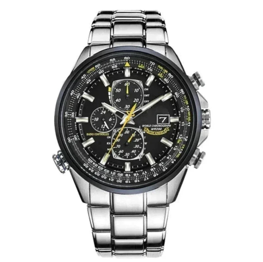 Zijkant van klassiek edelstalen heren chronograaf horloge van SANDSBERGORIGINALS, waterdicht accessoire.