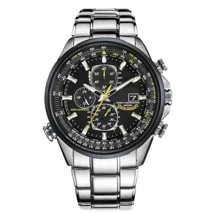 Zijkant van klassiek edelstalen heren chronograaf horloge van SANDSBERGORIGINALS, waterdicht accessoire.