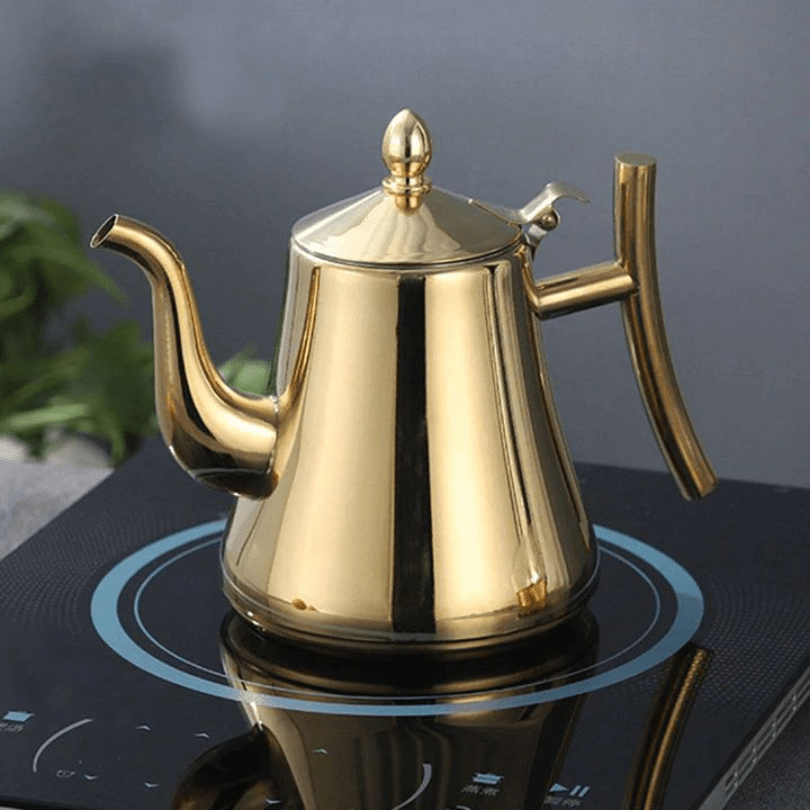 Duurzame inductie waterkoker van roestvrij staal met geïntegreerd filter, perfect voor thee en koffie.