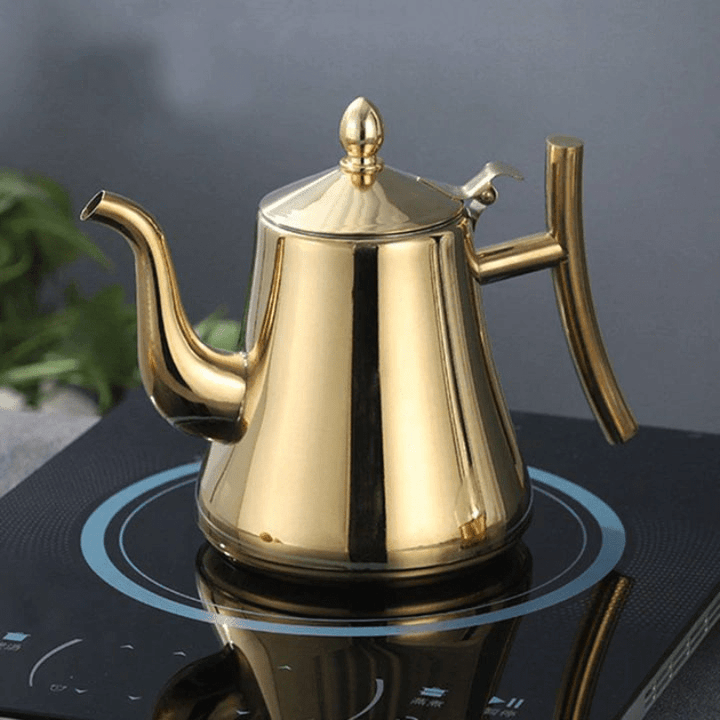 Duurzame inductie waterkoker van roestvrij staal met geïntegreerd filter, perfect voor thee en koffie.