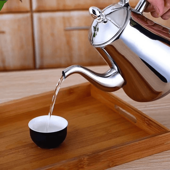 Glanzende roestvrijstalen waterkoker voor inductie, met ergonomisch handvat en makkelijk reinigbaar filter.