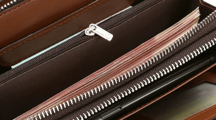 Luxe zwarte heren portemonnee van leer, met vakken voor pasjes en biljetten.