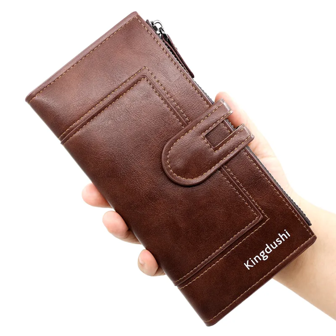 Multifunctionele lange leren portemonnee met veel vakken en stevige rits, unisex design.