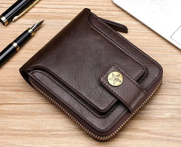 Compacte bruine vintage leren portemonnee. Stijlvol unisex met ruimte voor pasjes en muntgeld.