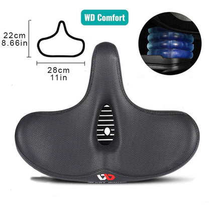 "Comfortabel fietszadel met extra brede zitting, ergonomisch design, ademende bekleding, schokabsorberend schuim."