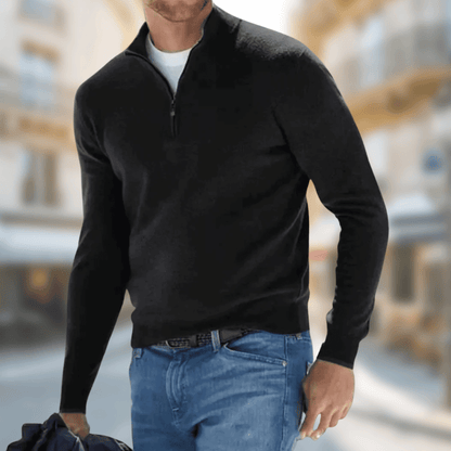 "Comfortabele half-zip herentrui in zachte wolmix met moderne stijl en ribboorden, ideaal voor casual en smart-casual looks."