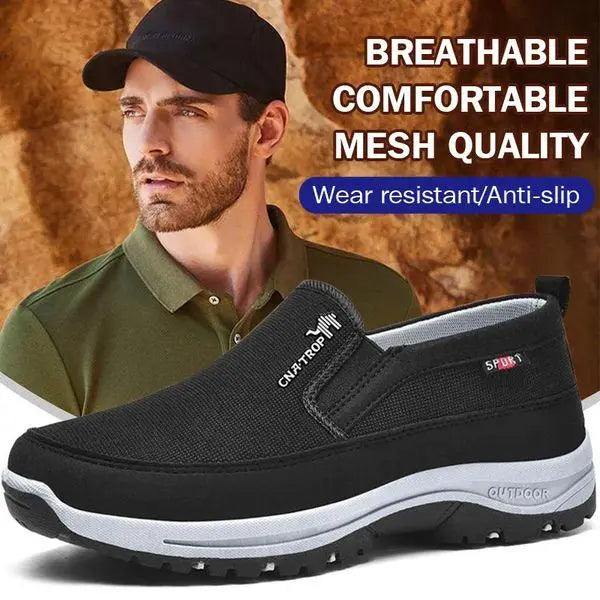 "Comfortabele orthopedische loafers voor mannen, veterloos design, bruine suède afwerking, slip-on gemak en ademend materiaal