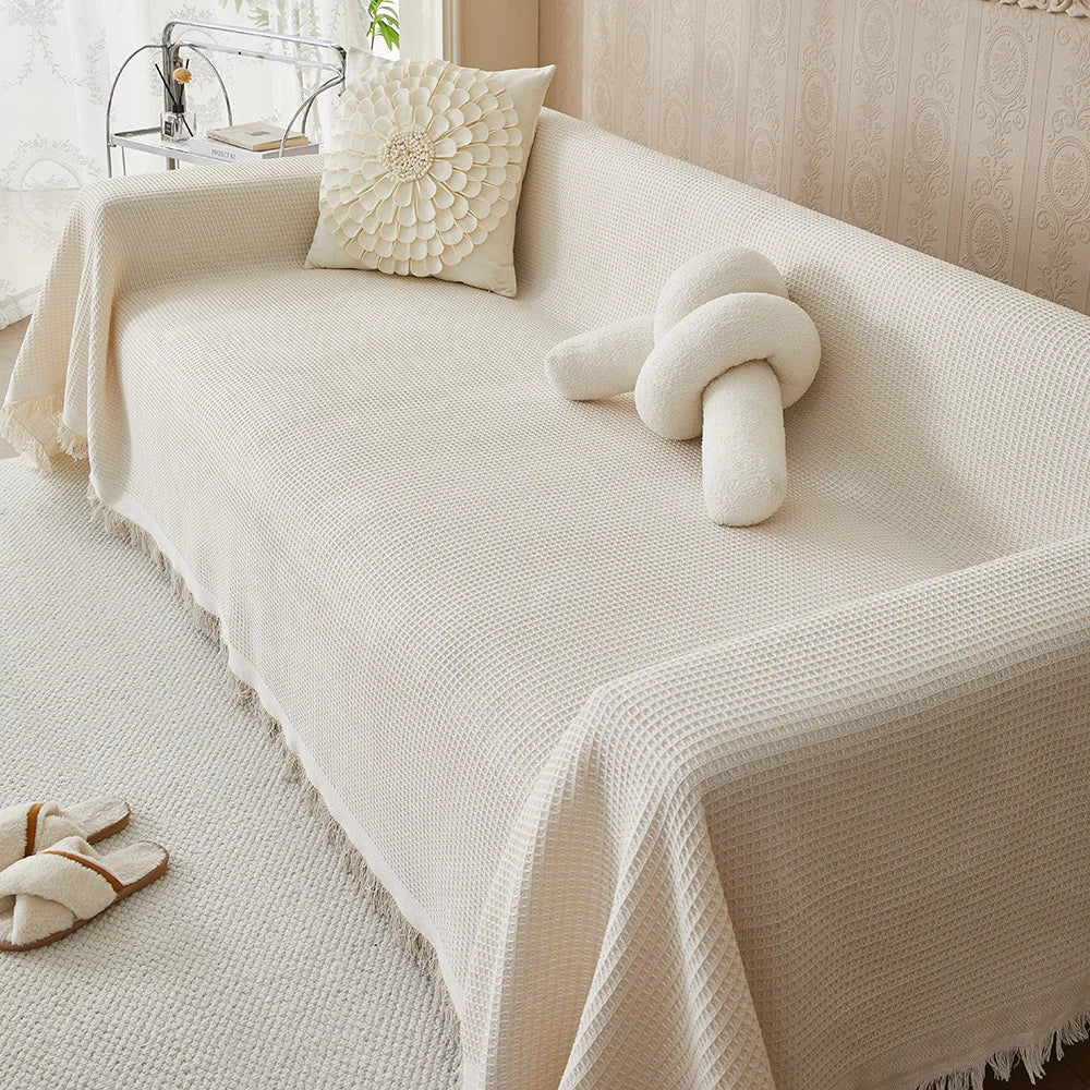 Huisdierbestendige ComfortWeave bankhoes (beige/khaki). Duurzame meubelbescherming voor jouw woonkamer. Wasbaar polyester.