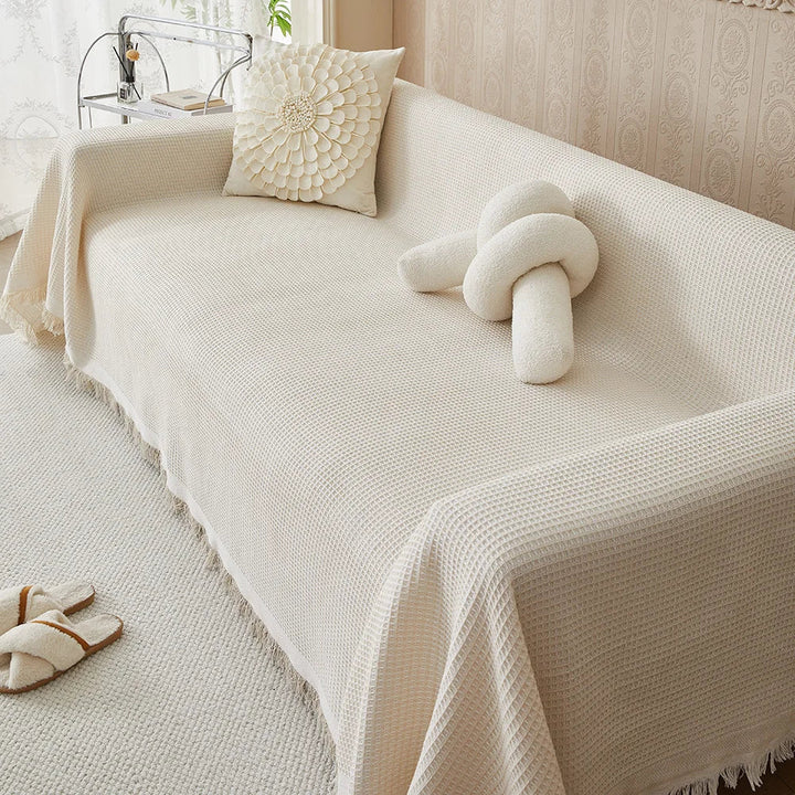 Huisdierbestendige ComfortWeave bankhoes (beige/khaki). Duurzame meubelbescherming voor jouw woonkamer. Wasbaar polyester.