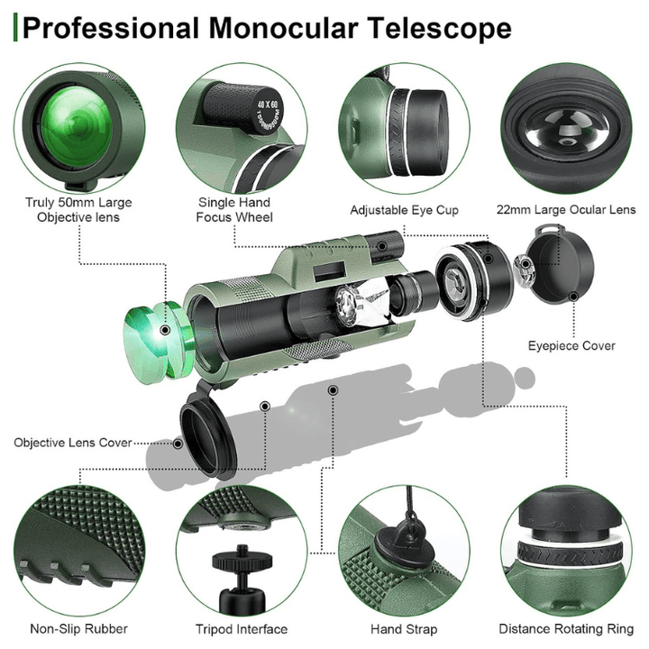 Monoculair met smartphone adapter, 600x vergroting, ideaal voor natuur- en vogelfotografie.