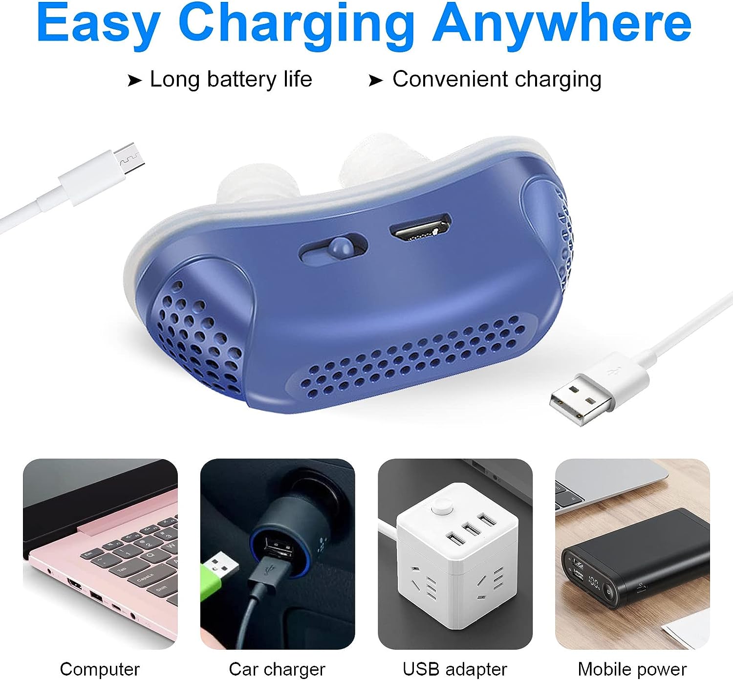 "Compact Micro CPAP-apparaat voor slaapapneu, blauw design, medisch siliconen, ideaal tegen snurken en voor onderweg."
