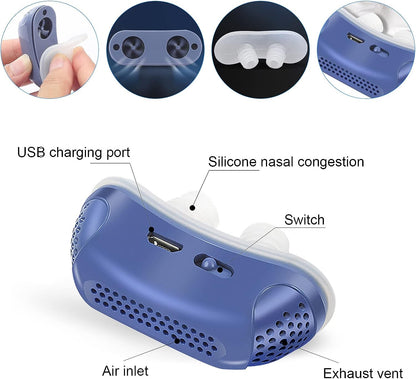 "Compact Micro CPAP-apparaat voor slaapapneu, blauw design, medisch siliconen, ideaal tegen snurken en voor onderweg."