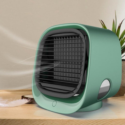 "Compacte airco 2-in-1 als luchtkoeler en bevochtiger, stijlvol design voor huis en kantoor, USB, met LED-verlichting."