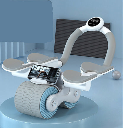 "Compacte buikspiertrainer met EVA-schuim handgrepen en automatische terugvering voor efficiënte core training thuis."