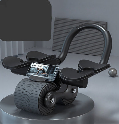 "Compacte buikspiertrainer met EVA-schuim handgrepen en automatische terugvering voor efficiënte core training thuis."