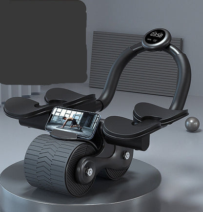 "Compacte buikspiertrainer met EVA-schuim handgrepen en automatische terugvering voor efficiënte core training thuis."