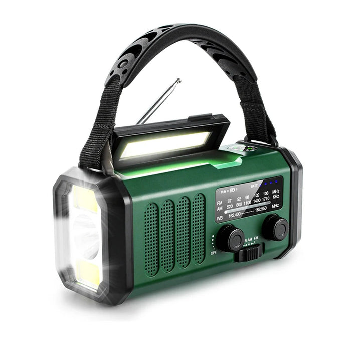 Professionele noodradio met handzwengel en zonnepaneel, ideaal voor calamiteiten, outdoor & survival.