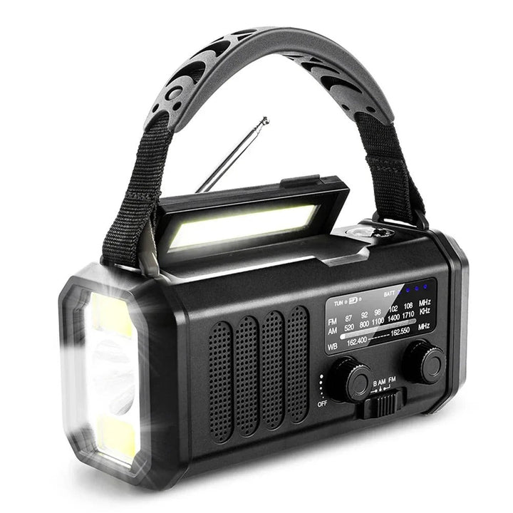 Draagbare noodradio met AM/FM/weerband en ingebouwde zaklamp, essentieel voor communicatie bij noodgevallen.