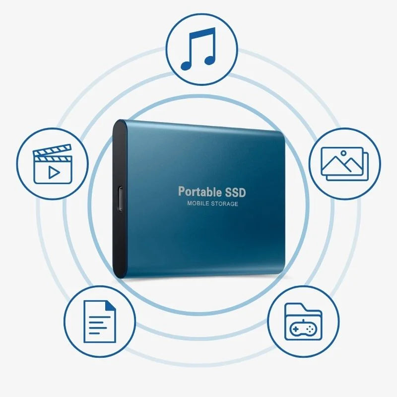 "Compacte UltraDrive externe SSD met 16TB opslag, zilveren behuizing, USB-C compatibel, draagbaar en schokbestendig."