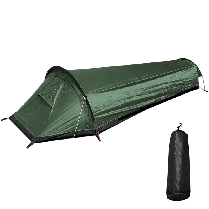 1-persoons outdoor tent in groen-oranje, snel opgezet voor lichtgewicht kamperen en solo avonturen.