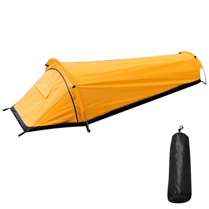 Detail van waterdichte stof en rits van een ultralichte 1-persoons tent, groen-oranje mvb26.