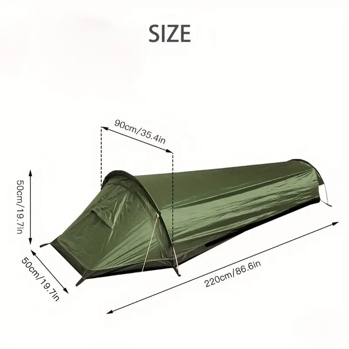 Compacte groene mvb26 tent, ultralicht en waterdicht voor 1-persoons kamperen, trekking of solo outdoor.